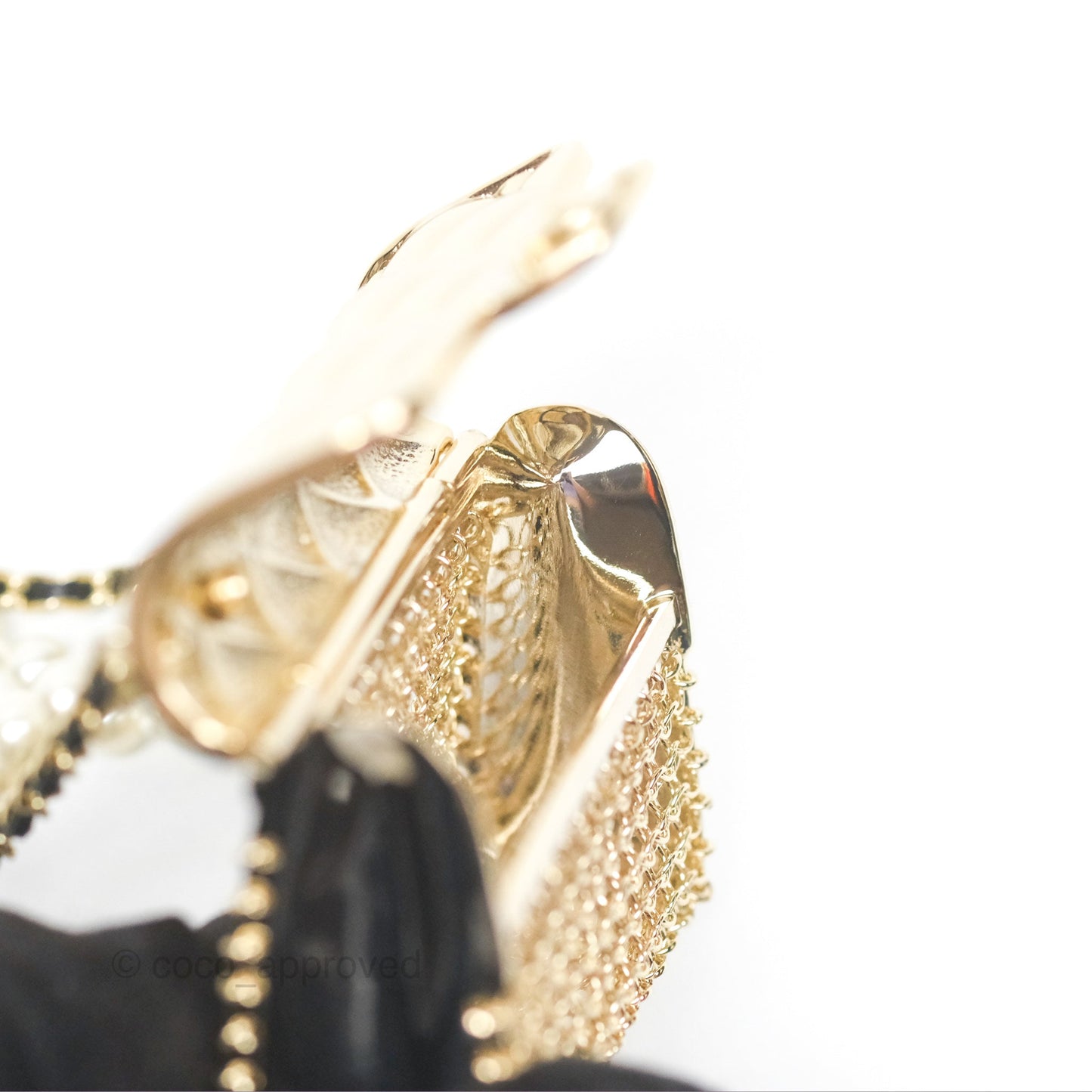 Chanel Flap Bag Charm Pearl Chain Black Leather Long Necklace Gold Tone 21S