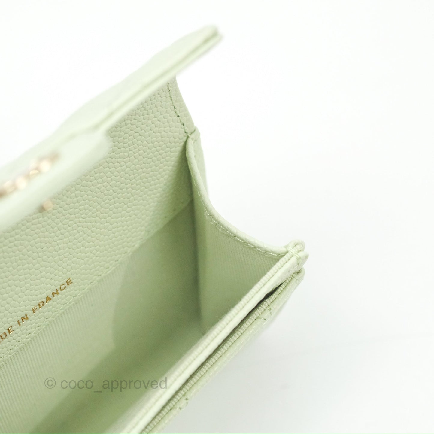 Chanel Quilted Flap Card Holder Light Green Caviar Gold Hardware