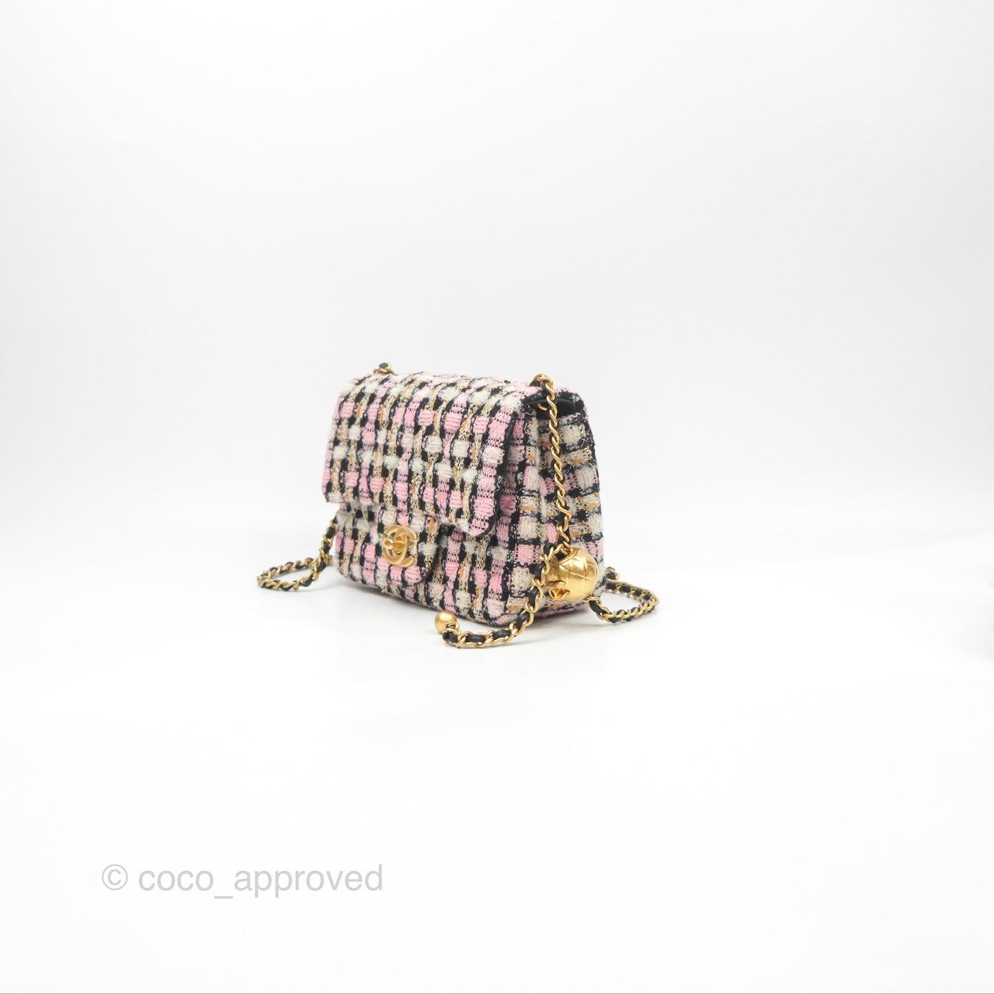 Chanel Pearl Crush Mini Square Quilted Pink Tweed Aged Gold Hardware