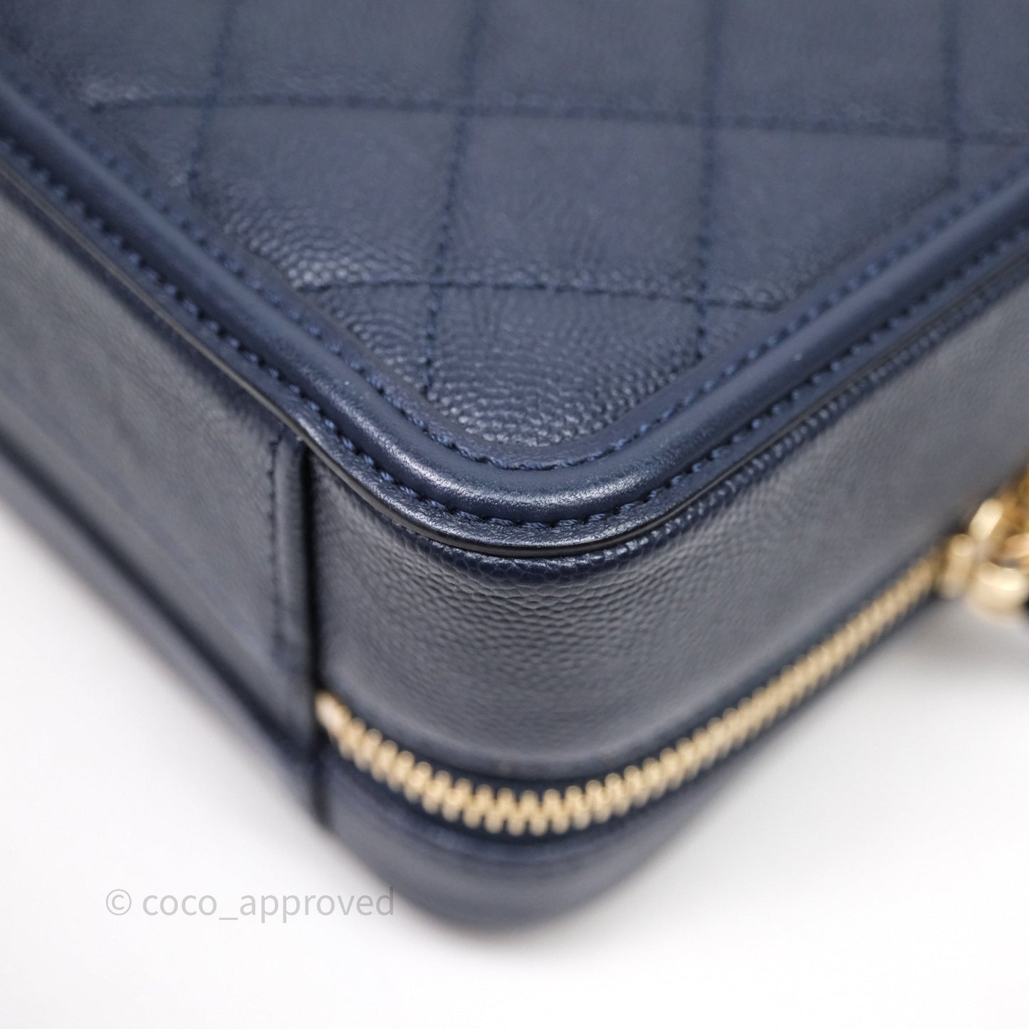 Chanel Quilted Small CC Filigree Vanity Case Navy Caviar Gold Hardware