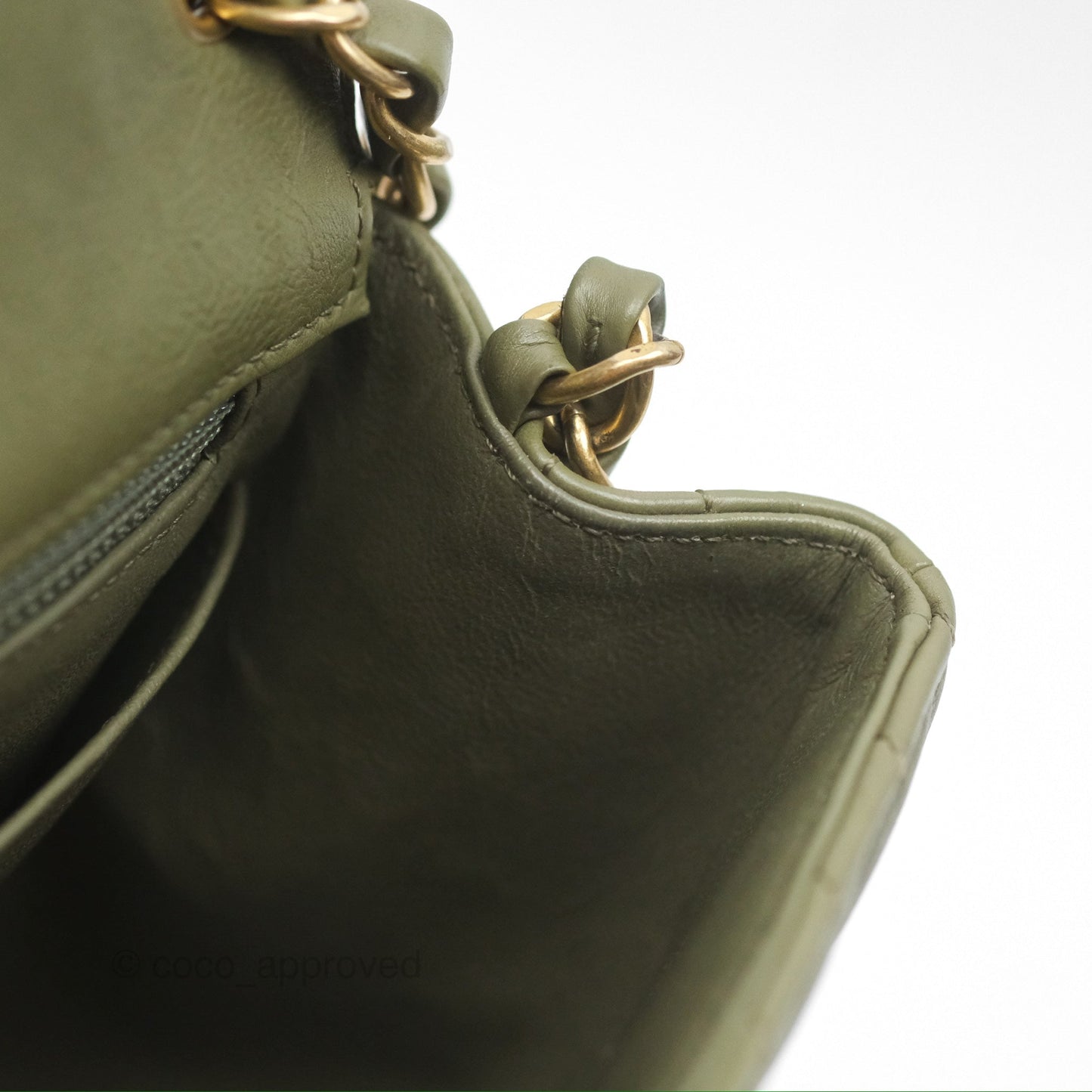Chanel Mini Square Flap Chevron Olive Green Calfskin Gold Hardware