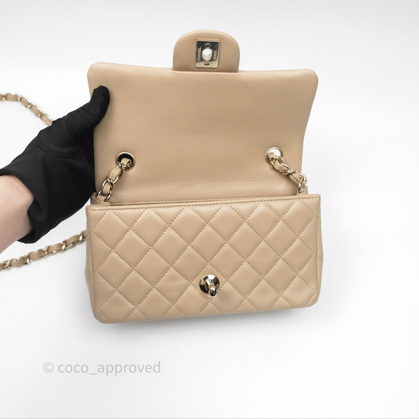 Chanel Quilted Mini Rectangular Flap Beige Lambskin Gold Hardware