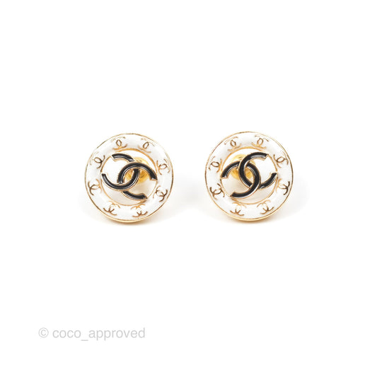 Chanel CC Round Earrings White/Black Gold Tone 24P
