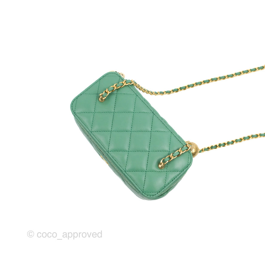 Chanel Vanity with Pearl Crush Chain Green Lambskin Aged Gold Hardware