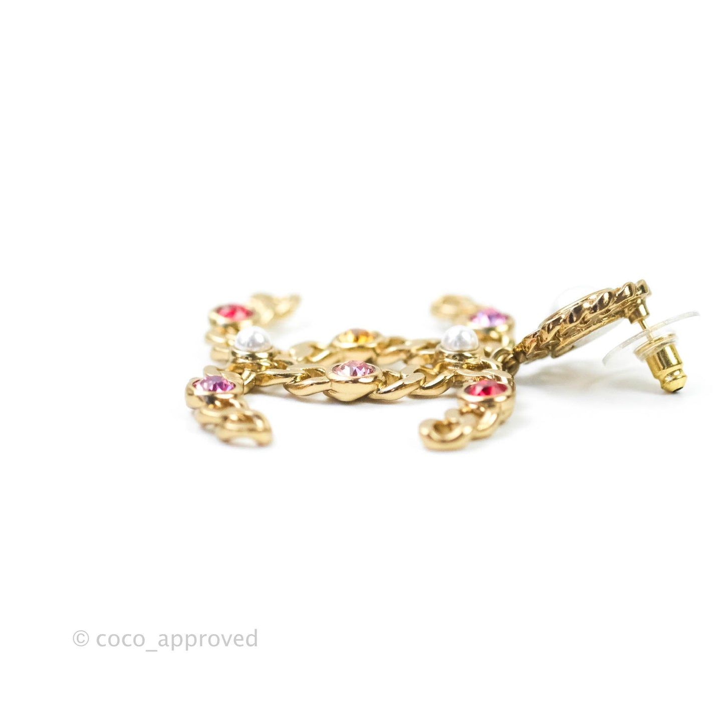 Chanel CC Drop Pearl Crystal Earrings Gold Tone 21P