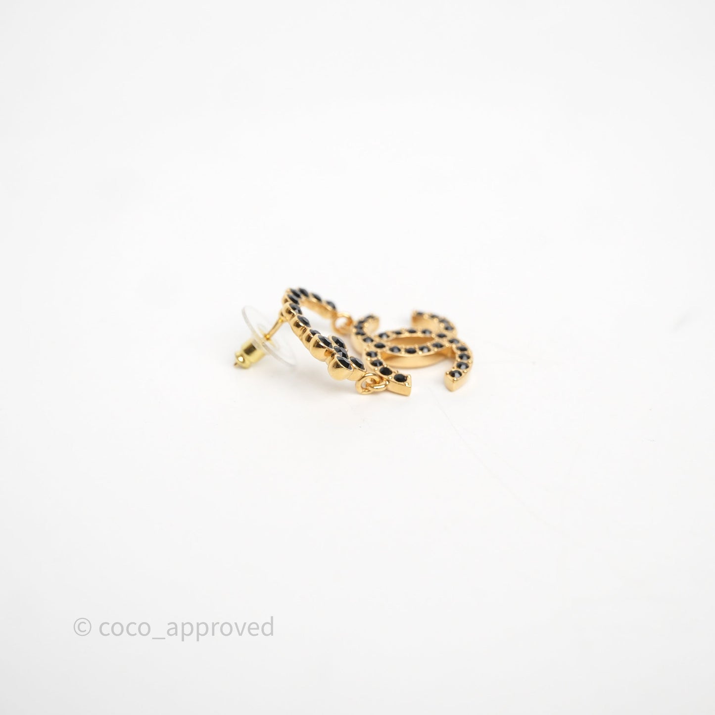 Chanel Black Crystal CC Floral Earrings Gold Tone 23A