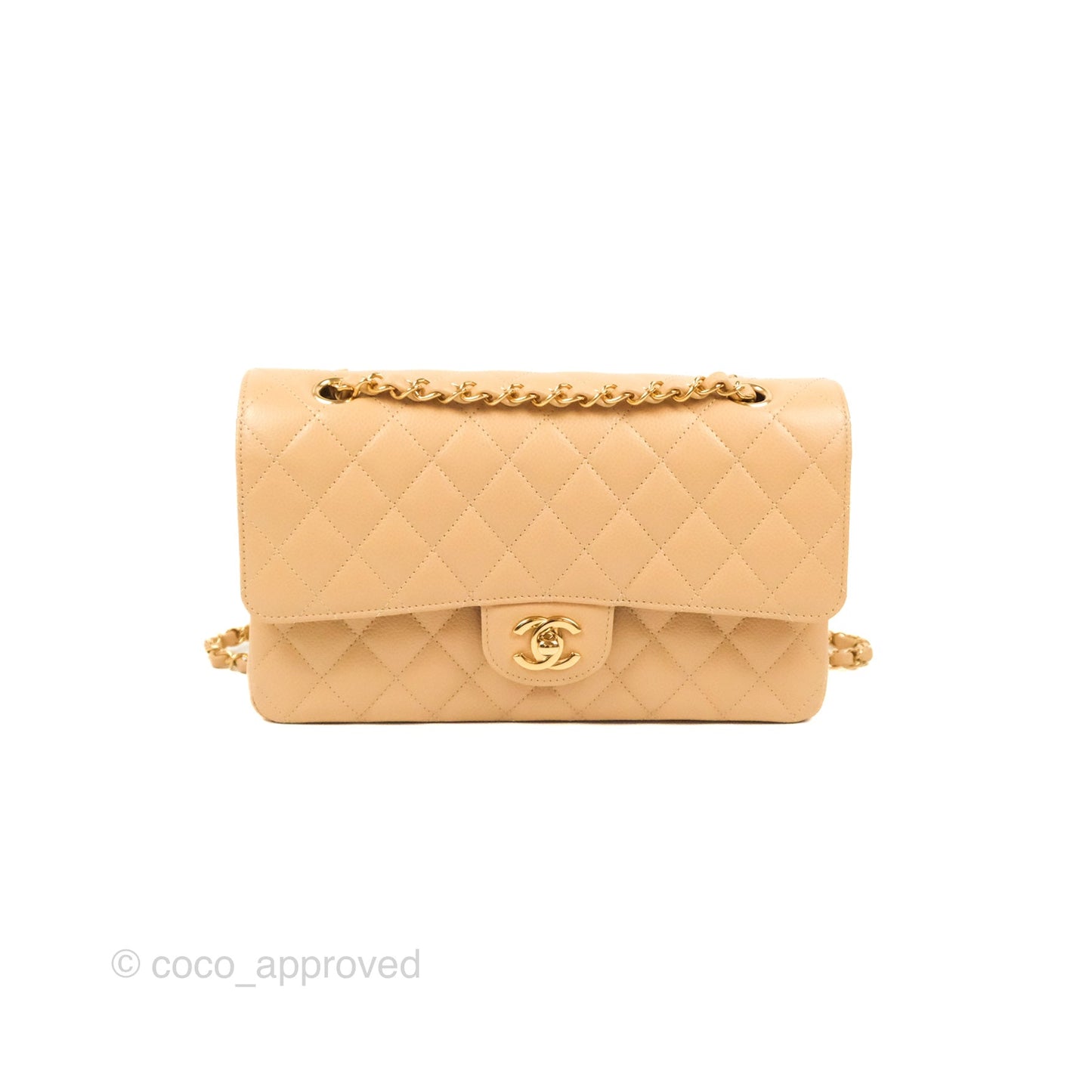 Chanel Classic M/L Medium Flap Quilted Beige Caviar Gold Hardware