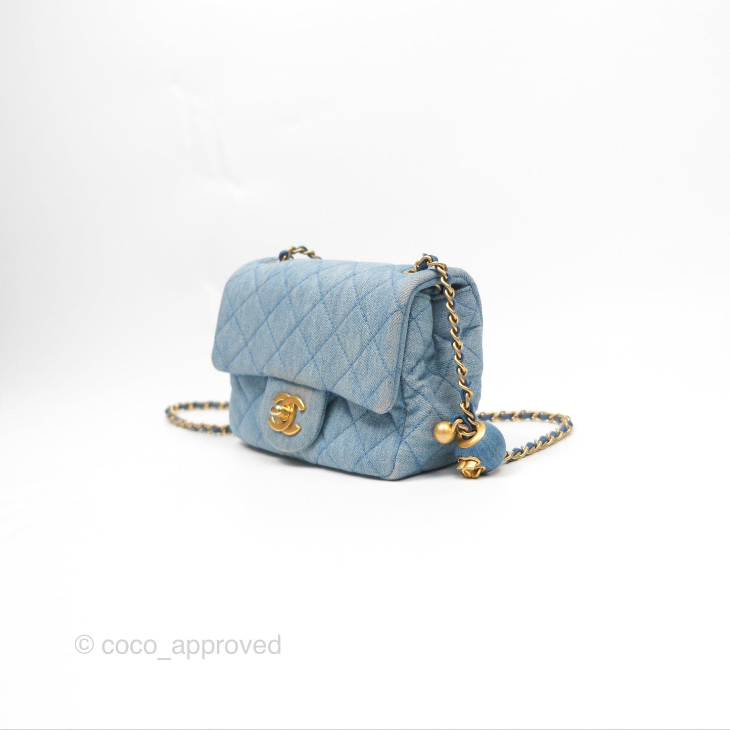 Chanel Mini Square Pearl Crush Quilted Denim Aged Gold Hardware
