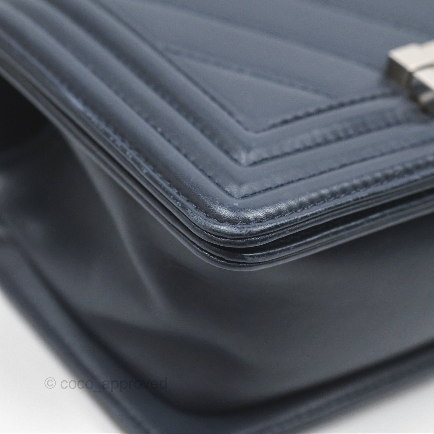 Chanel Small Chevron Boy Navy Calfskin Silver Hardware