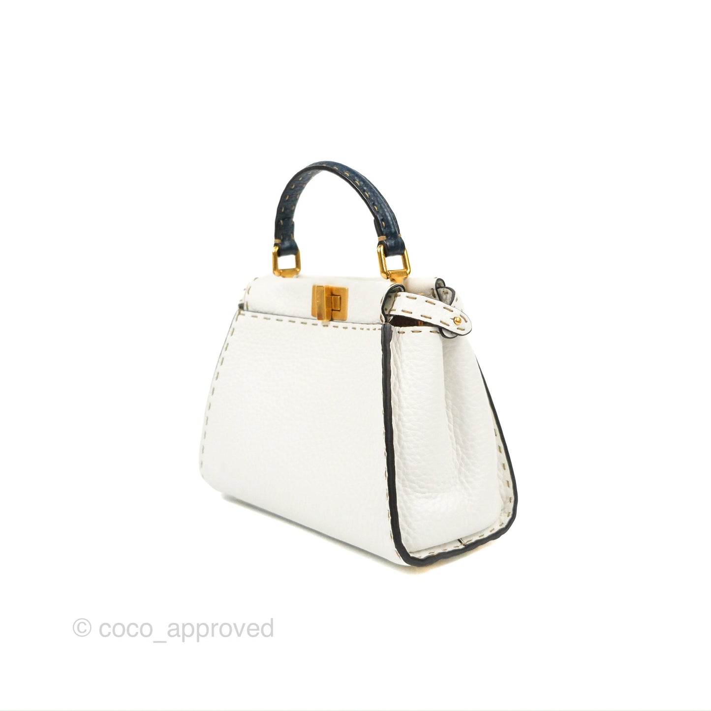 Fendi Mini Peekaboo Bag Contrast Stitch Off White/Navy Grained Leather Gold Hardware