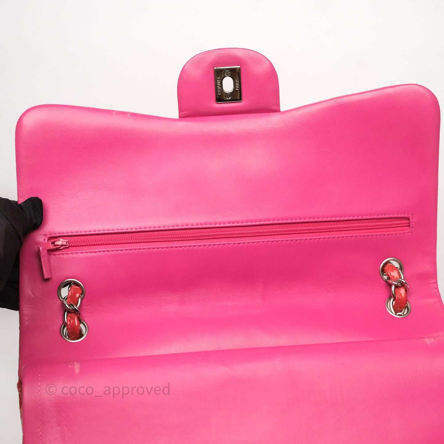 Chanel Jumbo Double Flap Red Orange Patent Silver Hardware⁣⁣