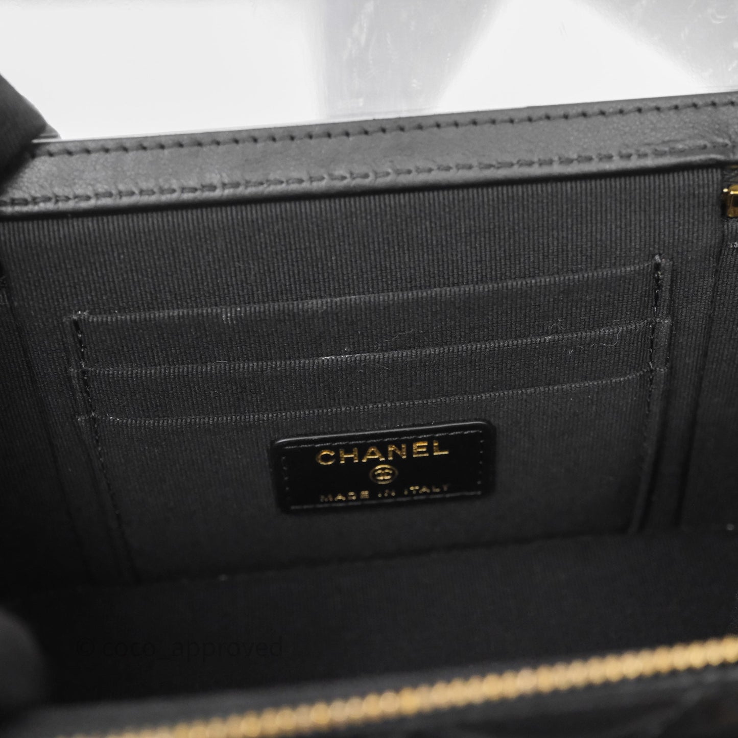 Chanel Quilted Top Handle Pocket Vanity Case Black Shiny Lambskin Bag Gold Hardware