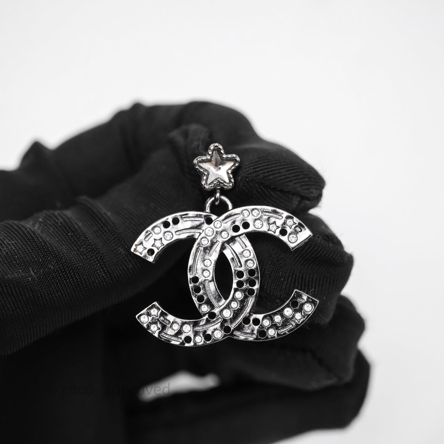 Chanel Gunmetal Star Crystal CC Dangle Earrings 24K
