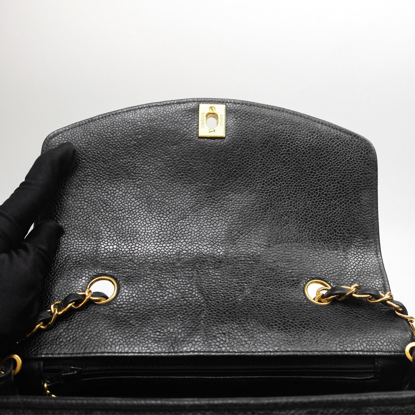 Chanel Small Vintage Quilted Classic Diana Flap Bag Black Caviar 24K Gold Hardware