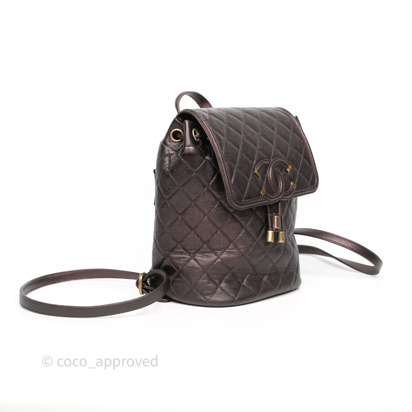Chanel Quilted Filigree Backpack Purple Iridescent Burgundy Caviar Aged Gold Hardware