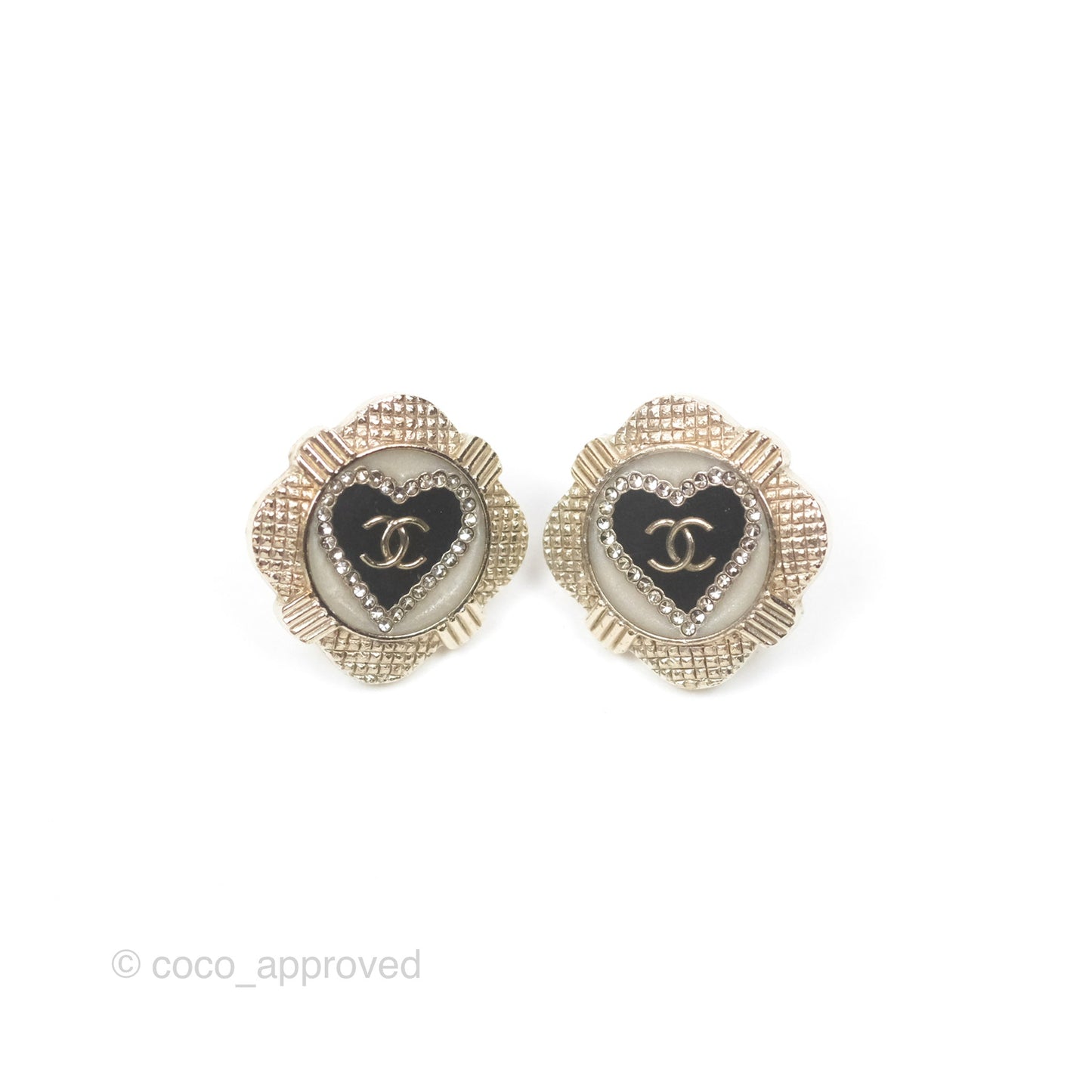 Chanel CC Heart Black Earrings Gold Tone 21A
