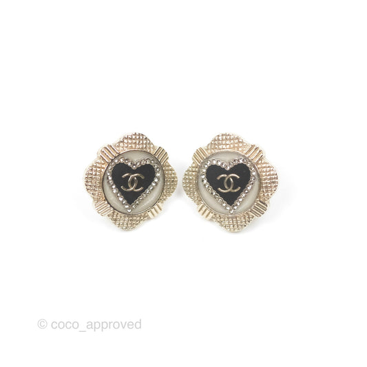 Chanel CC Heart Black Earrings Gold Tone 21A