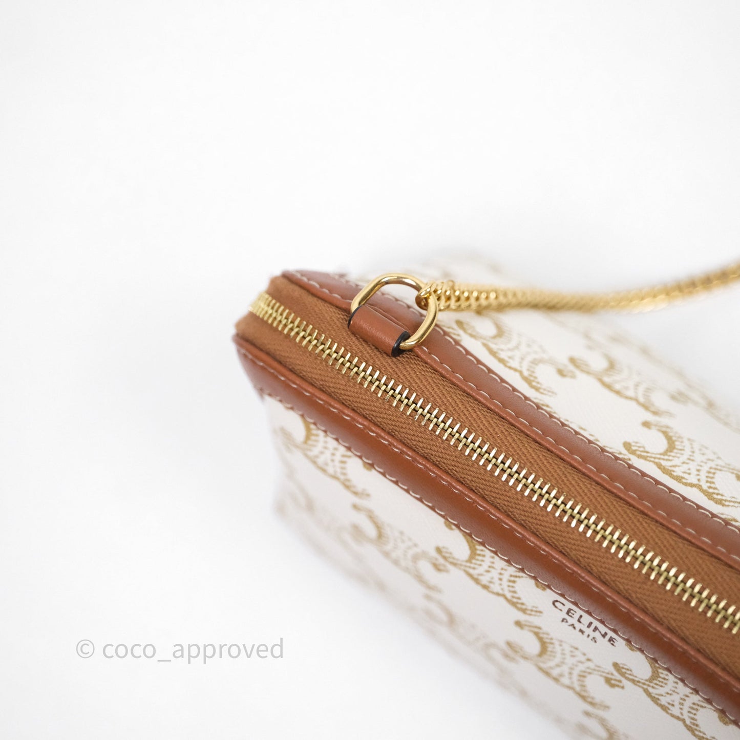 Celine Clutch With Chain Triomphe Canvas Lambskin White/Tan