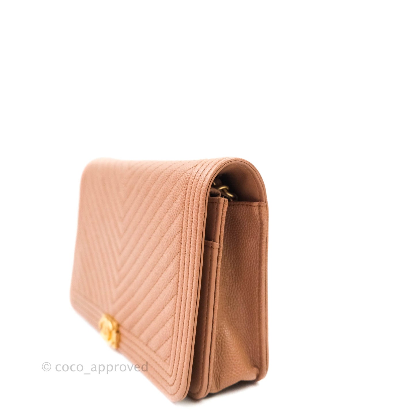 Chanel Chevron Boy Wallet on Chain WOC Dark Beige Caviar Antique Gold Hardware