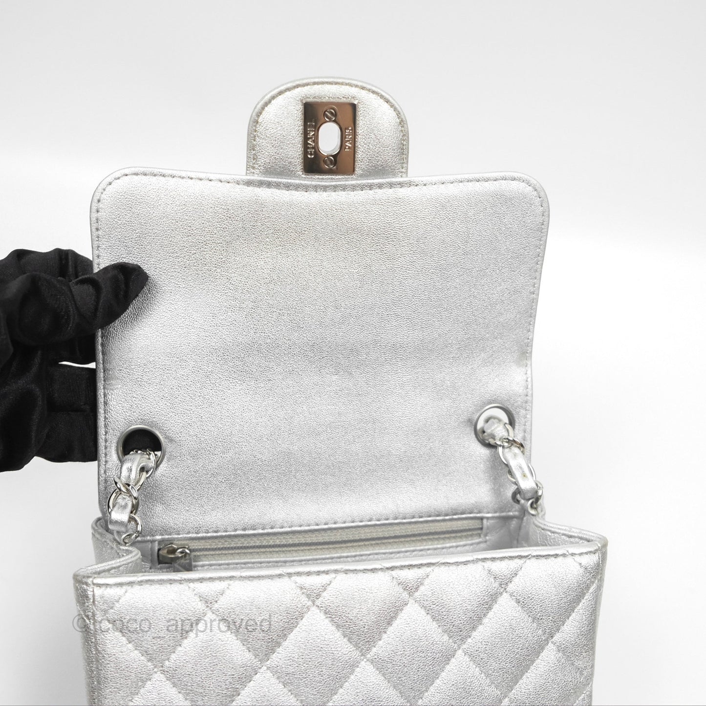 Chanel Classic Quilted Mini Square Flap Silver Lambskin Silver Hardware