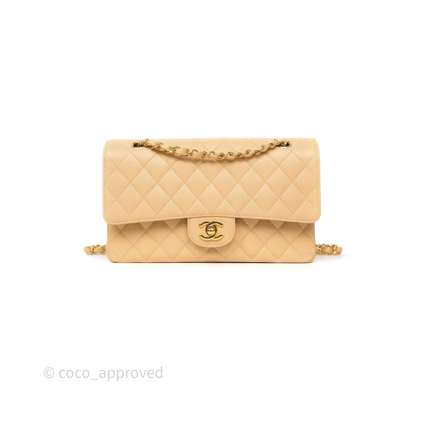 Chanel M/L Medium Classic Flap Quilted Beige Caviar Gold Hardware