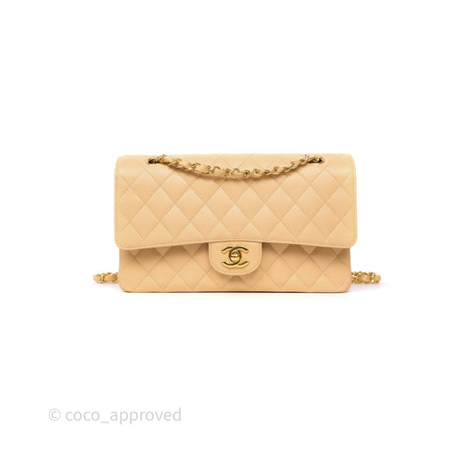 Chanel M/L Medium Classic Flap Quilted Beige Caviar Gold Hardware