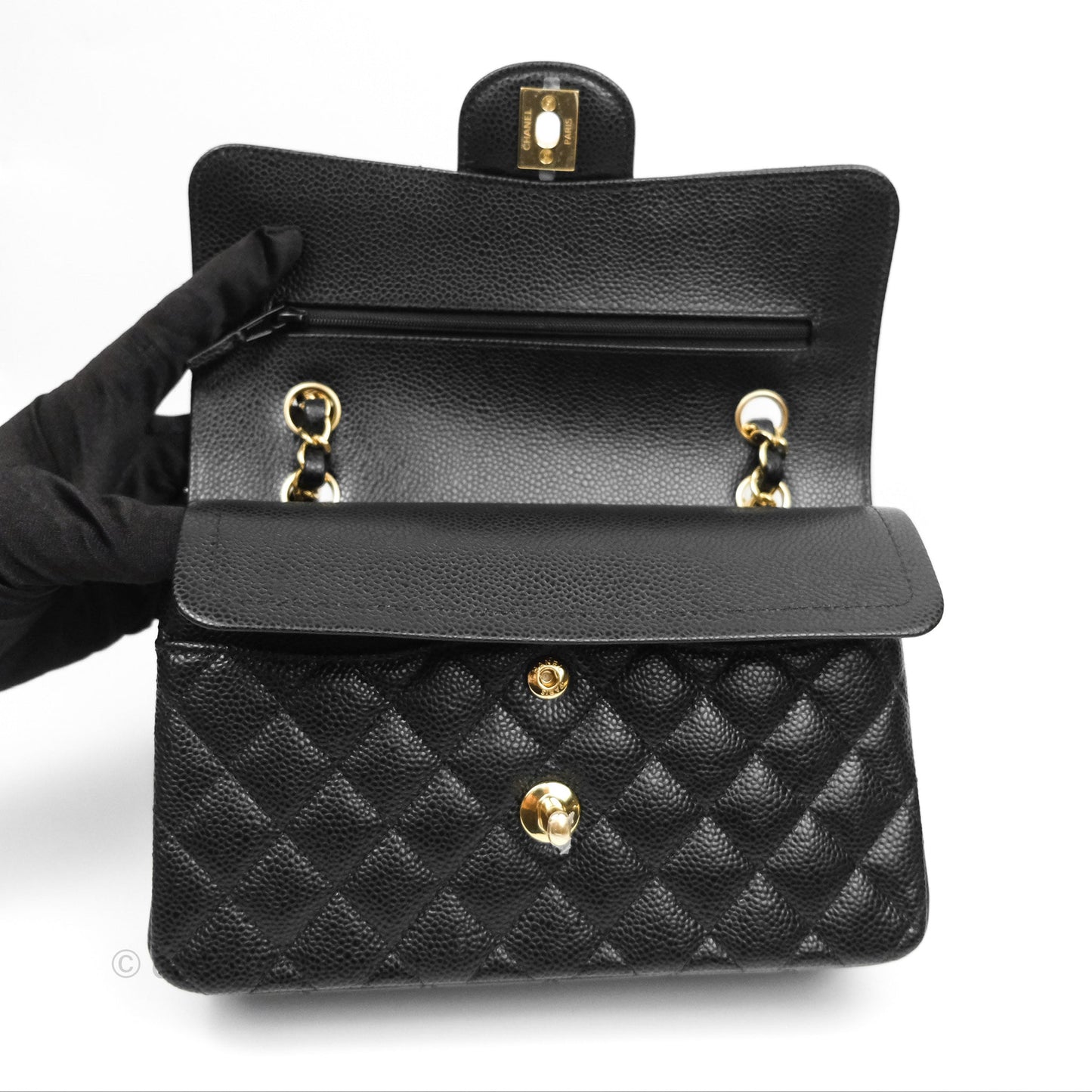 Chanel Small Classic Flap Quilted Black Caviar Gold Hardware