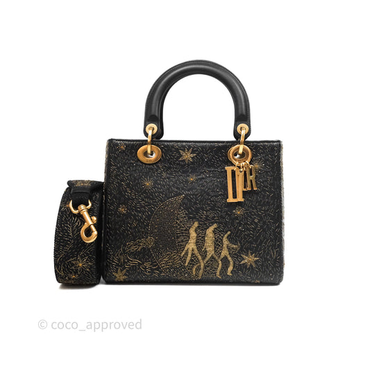 Christian Dior Medium Lady Dior Limited Edition The Moon In My EyesBag Black Calfskin Gold Hardware