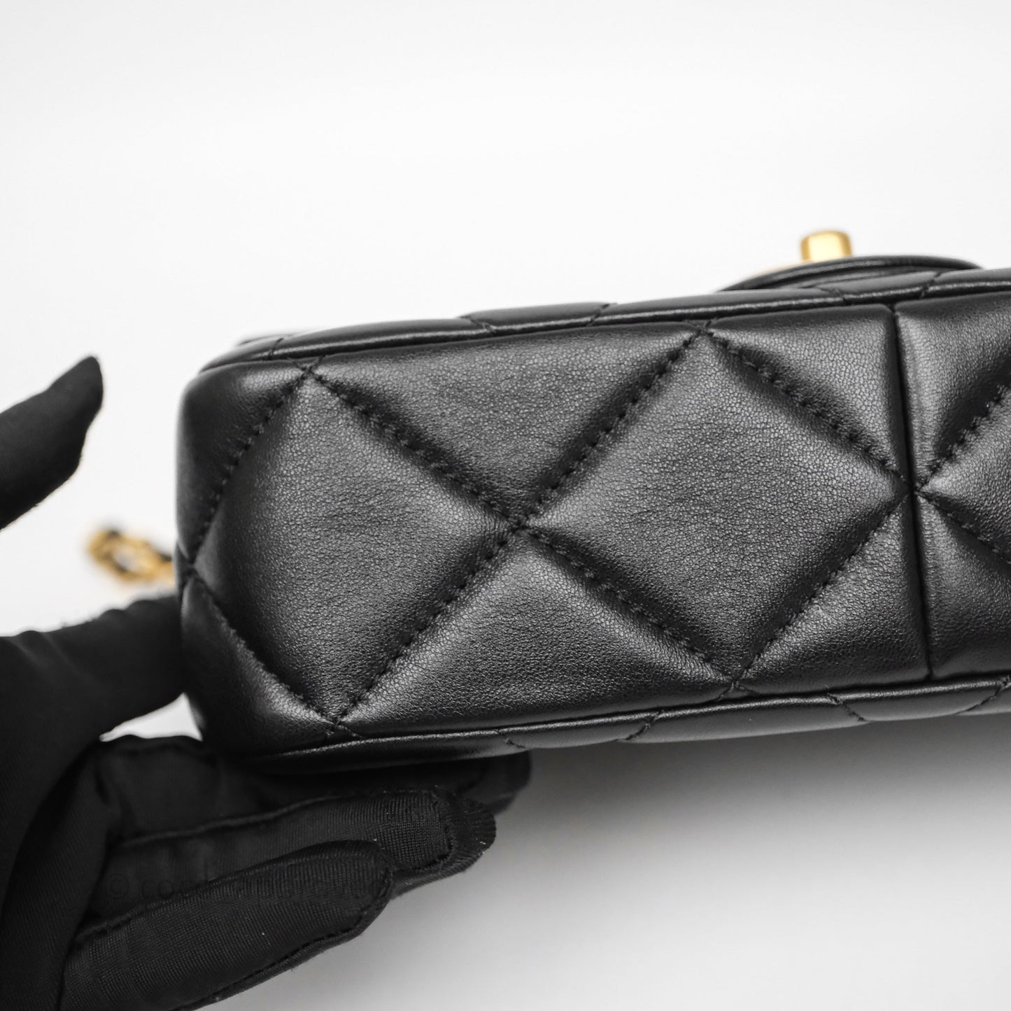 Chanel Quilted Flap Bag with Pearl Chain Black Calfskin Aged Gold Hardware