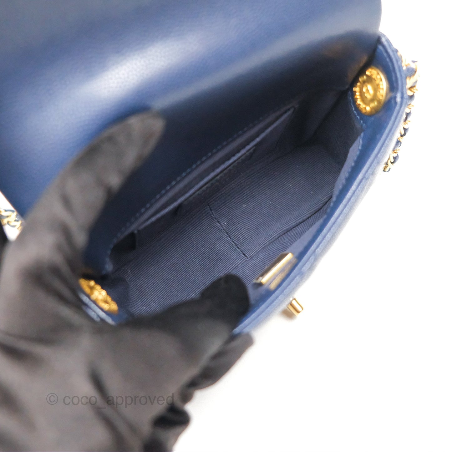 Chanel Mini Flap with Coin Charm Navy Caviar Aged Gold Hardware 22A