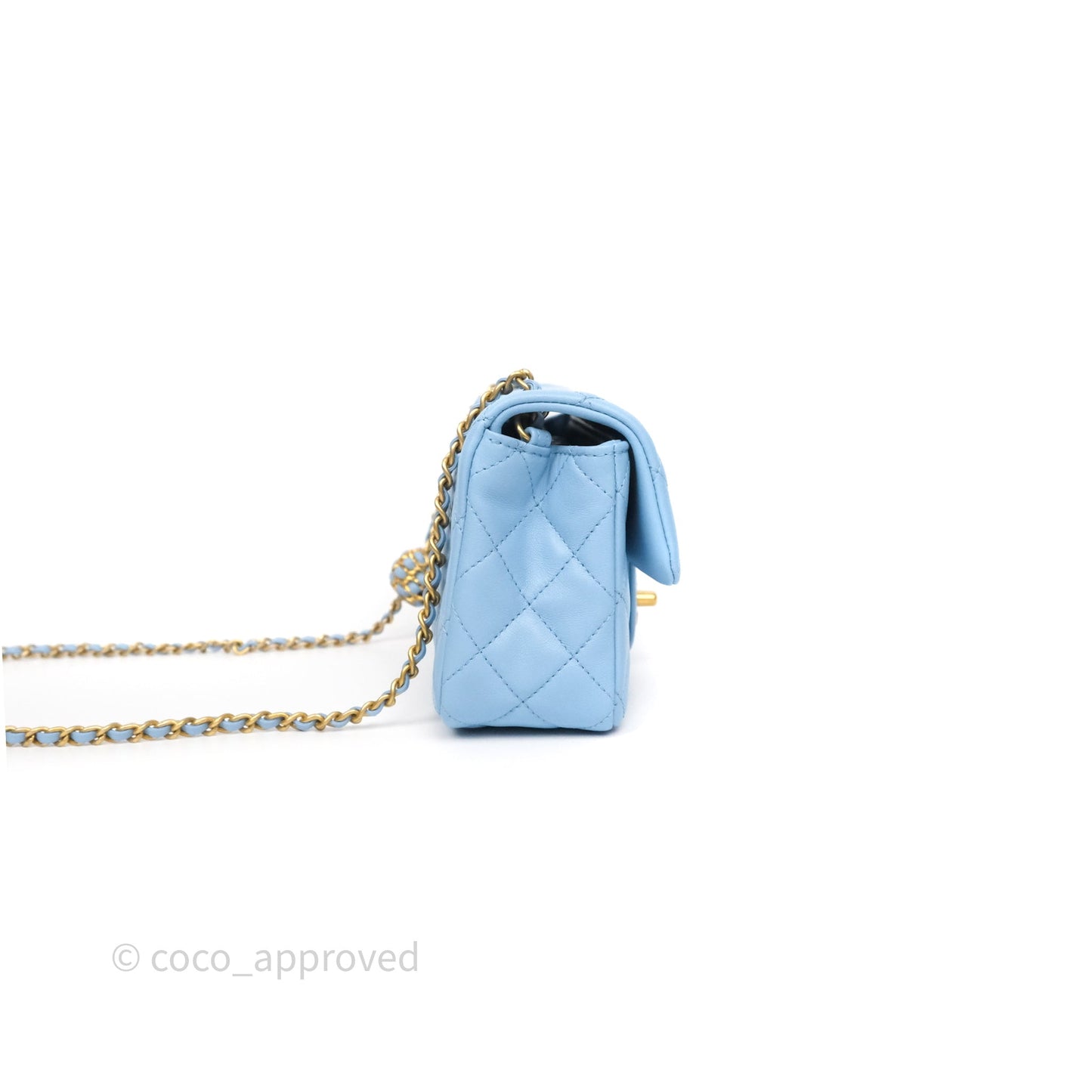 Chanel Mini Rectangular Pearl Crush Quilted Sky Blue Lambskin Aged Gold Hardware