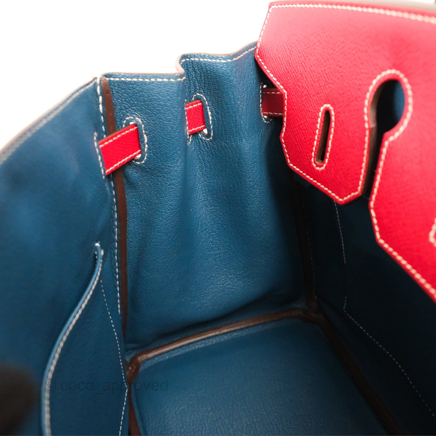 Hermès Candy Birkin 30 Rouge Casque/Blue Thalassa Epsom Permabrass Hardware