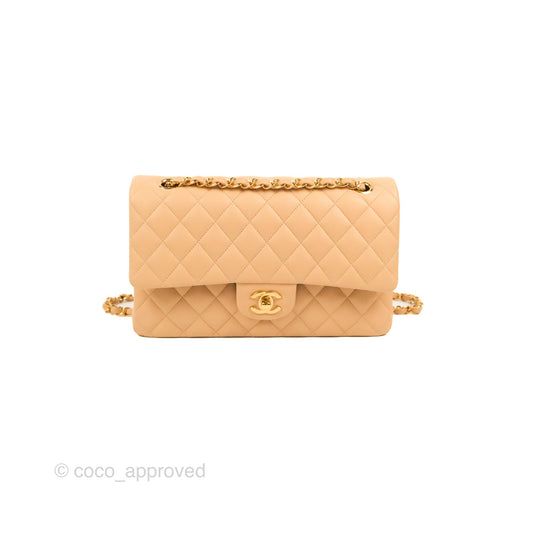 Chanel Classic M/L Medium Flap Quilted Beige Lambskin Gold Hardware