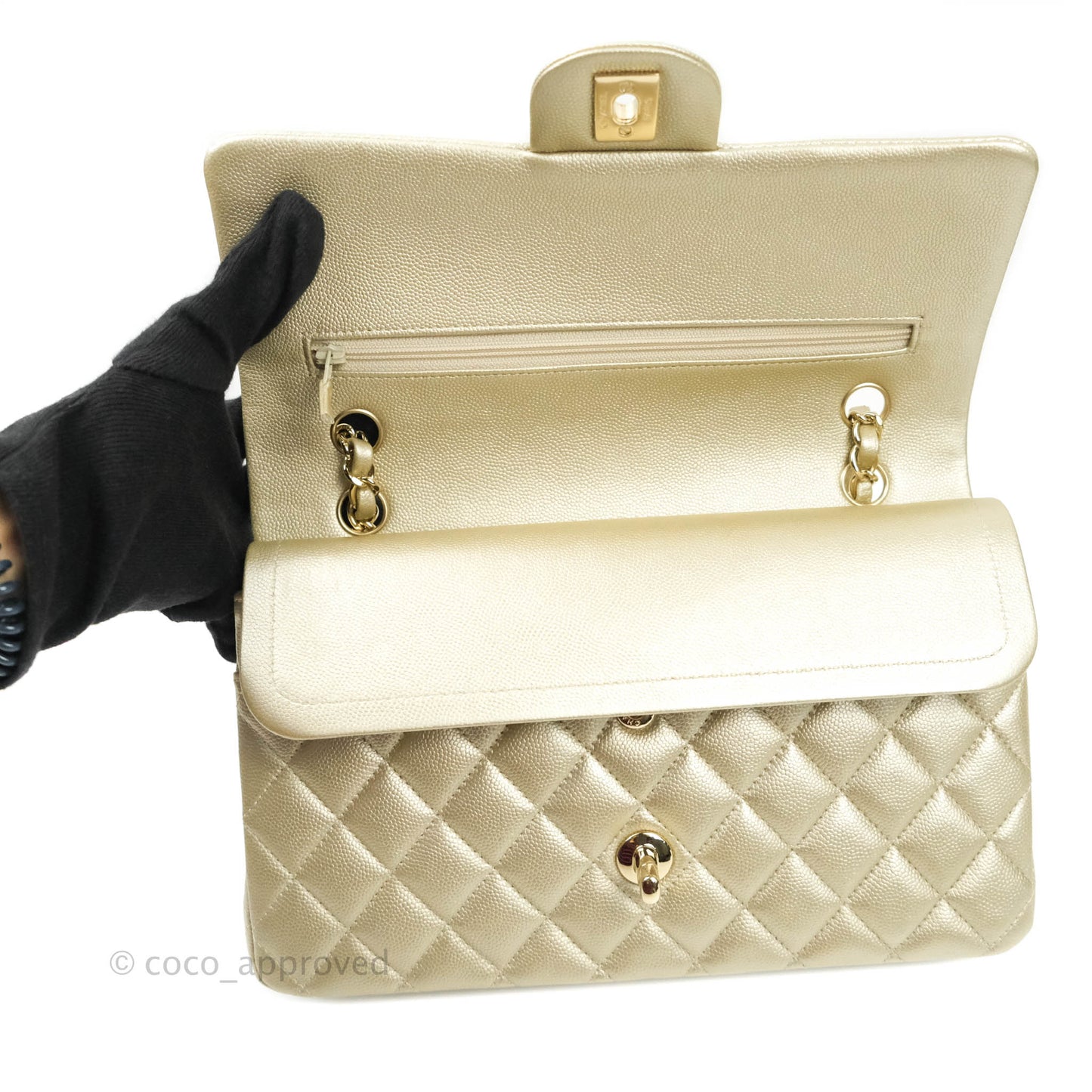 Chanel Classic M/L Medium Double Flap Bag Light Gold Caviar Gold Hardware