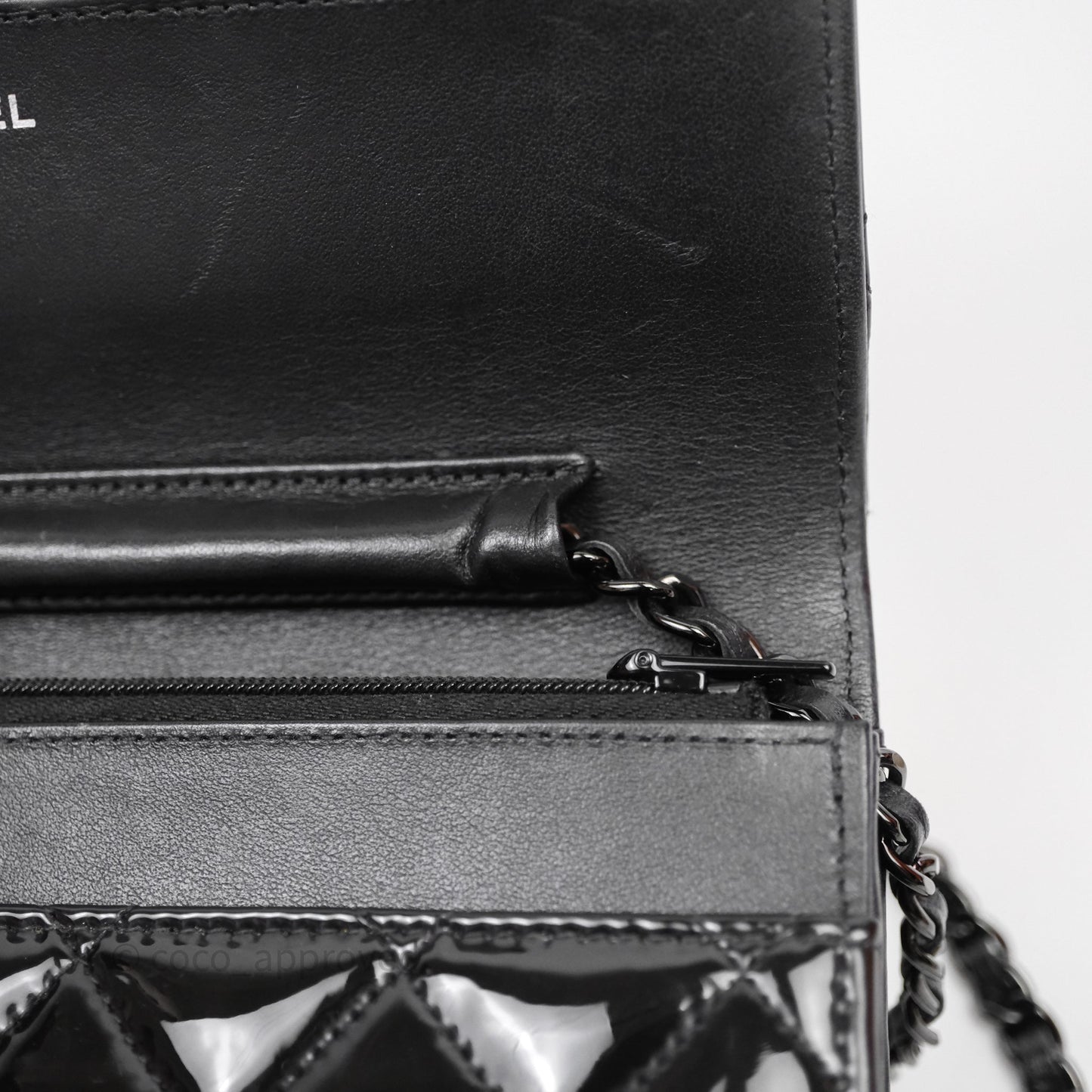Chanel Quilted Wallet on Chain WOC Patent Leather So Black
