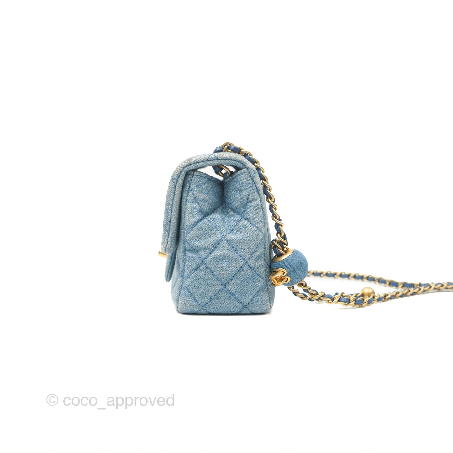Chanel Mini Square Pearl Crush Quilted Denim Aged Gold Hardware