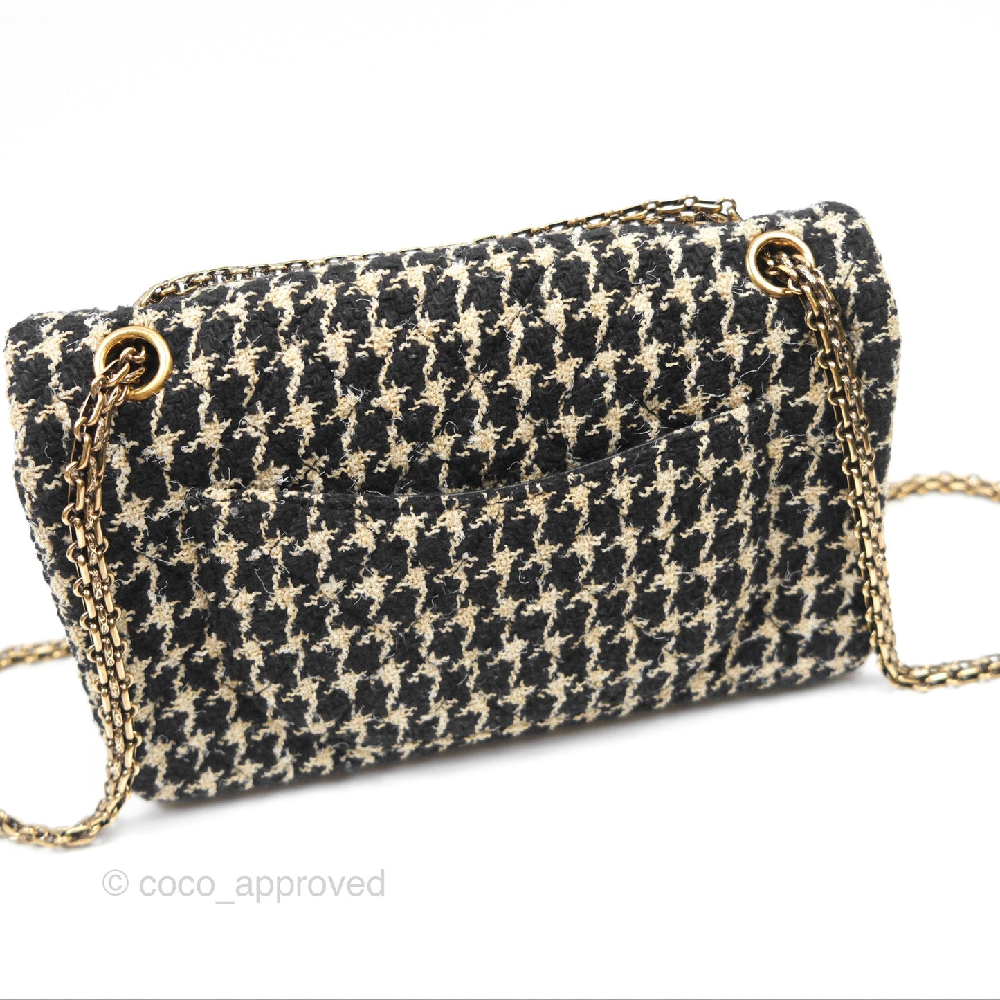 Chanel Reissue 225 Flap Houndstooth Beige Black Fabric Antique Gold Hardware