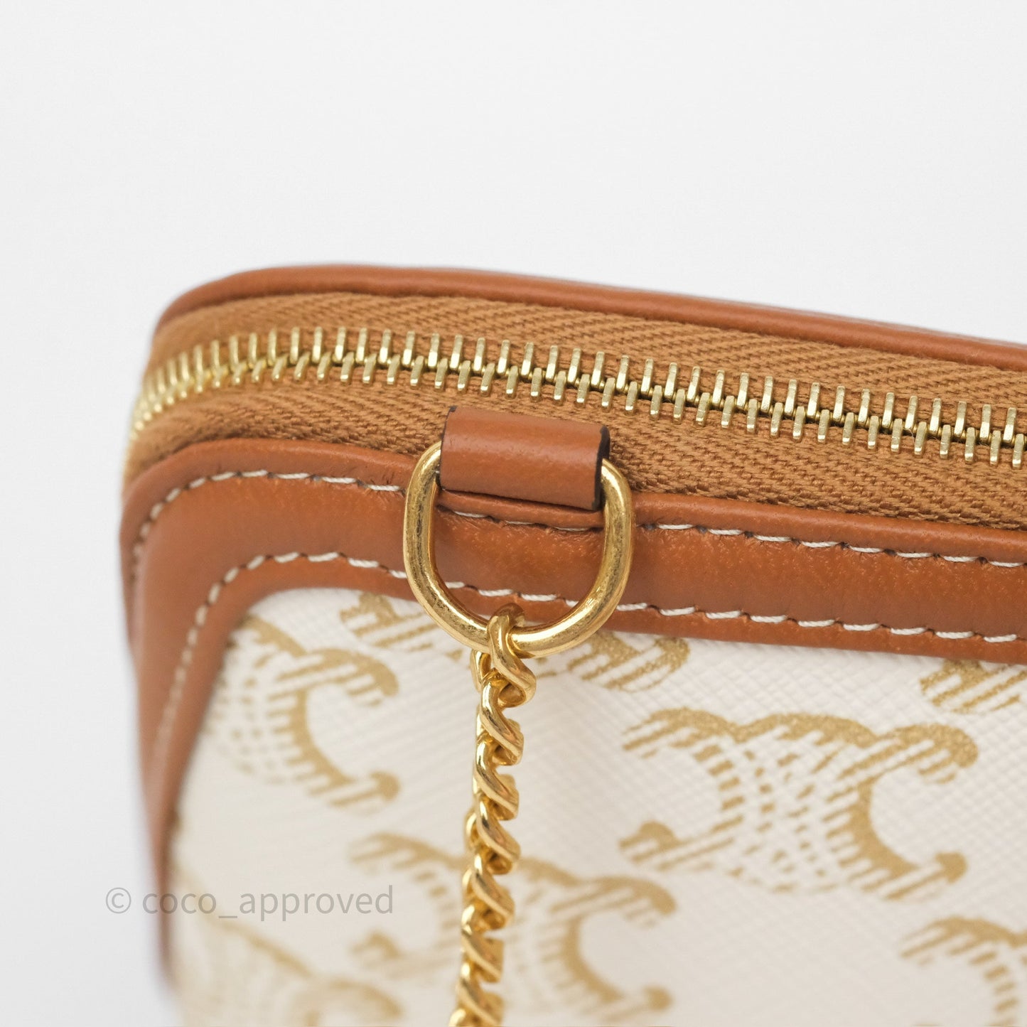Celine Clutch With Chain Triomphe Canvas Lambskin White/Tan