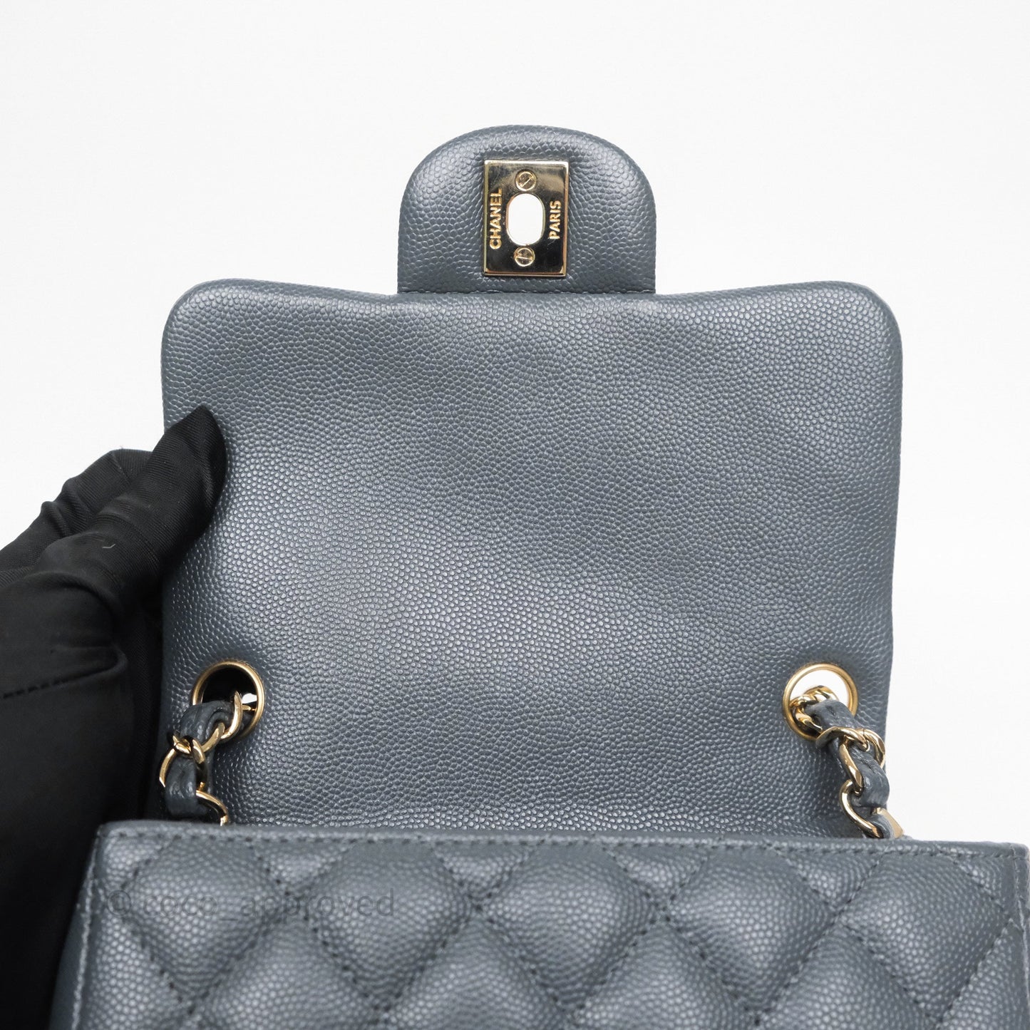 Chanel Mini Square Flap Quilted Dark Grey Blue Caviar Gold Hardware