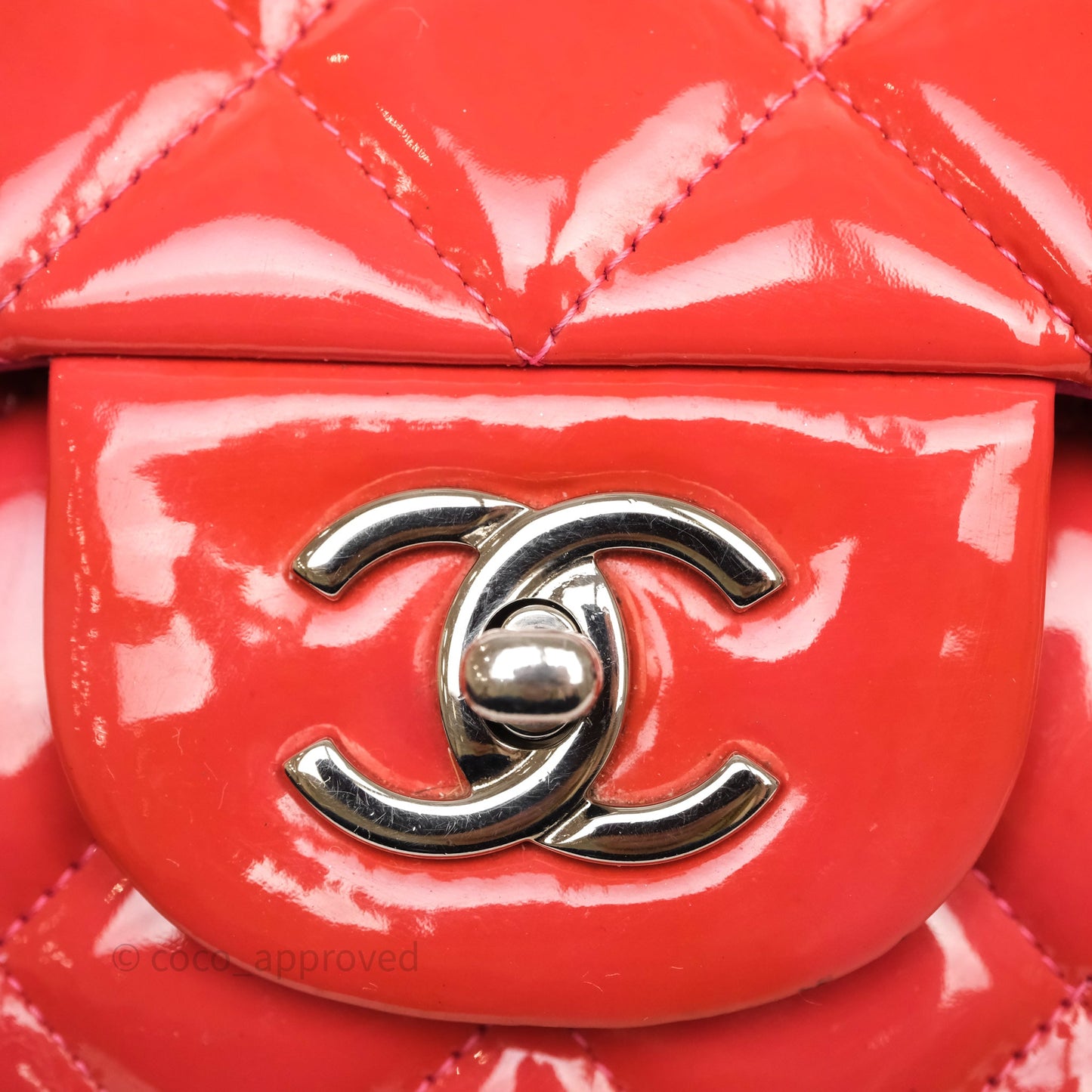 Chanel Jumbo Double Flap Red Orange Patent Silver Hardware⁣⁣