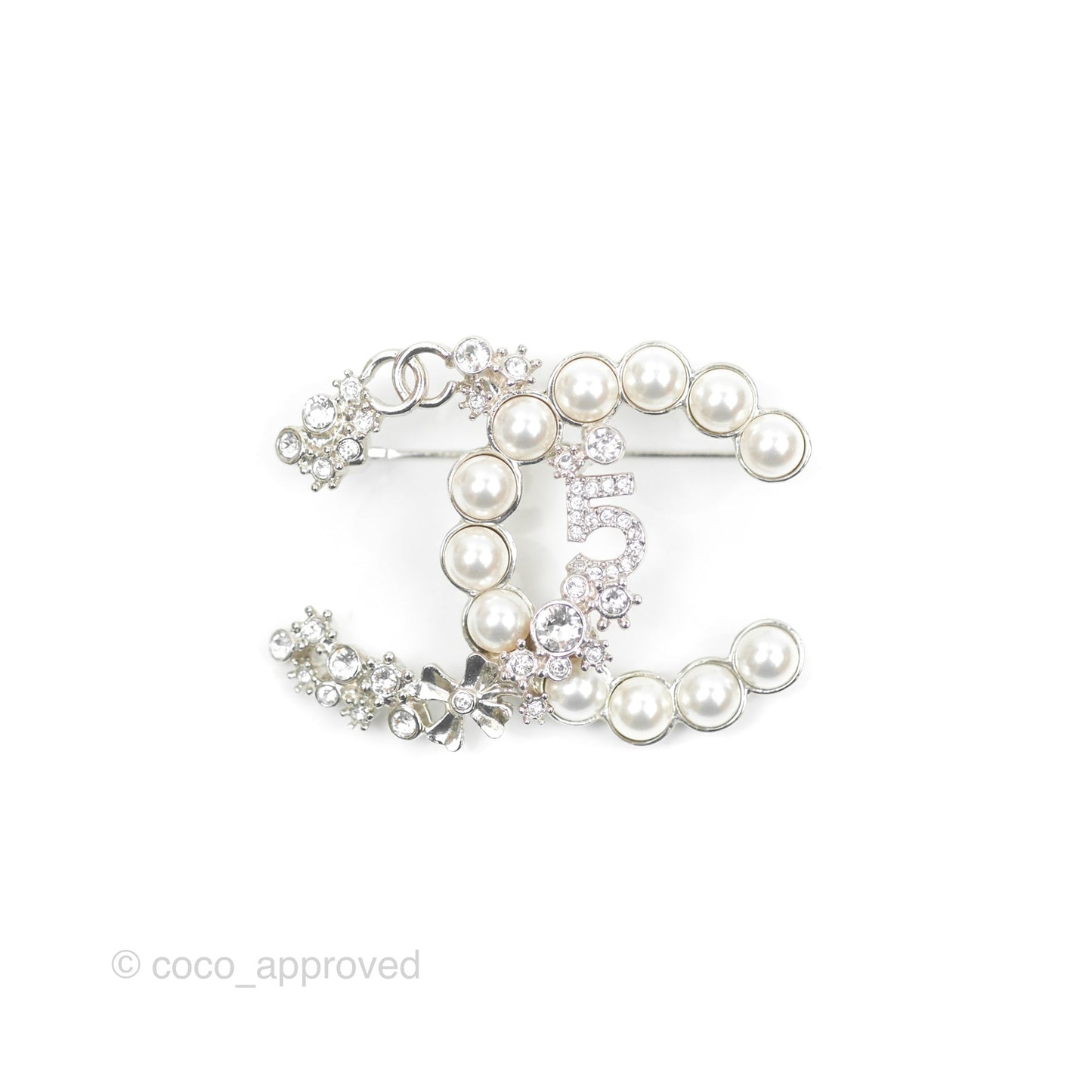 Chanel CC No5 Pearl Crystal Brooch Silver Tone 23P