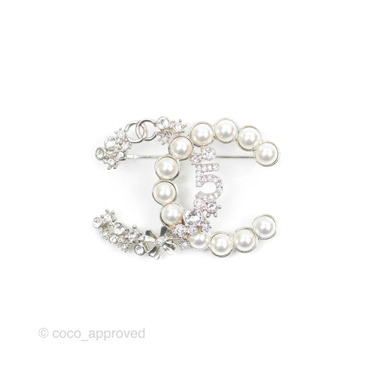 Chanel CC No5 Pearl Crystal Brooch Silver Tone 23P