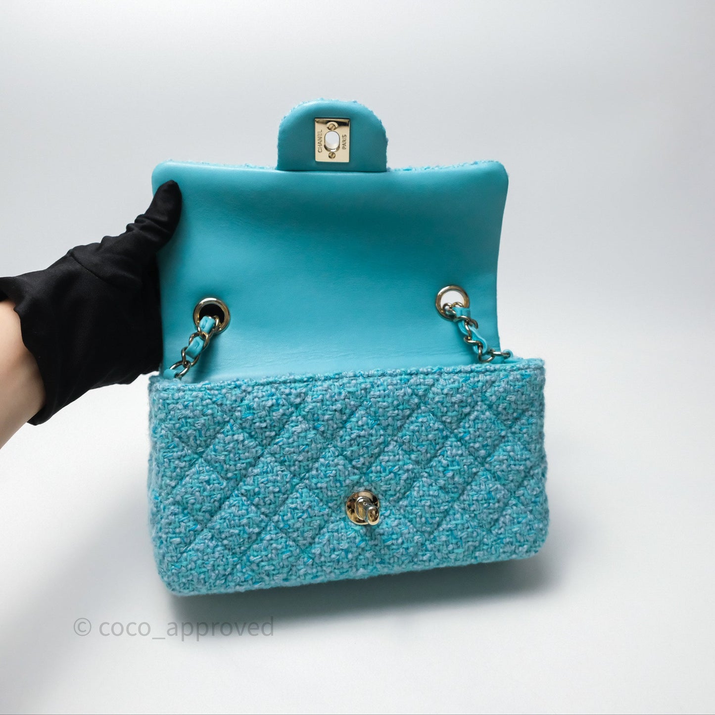 Chanel Quilted Mini Rectangular Flap Blue Tweed Gold Hardware