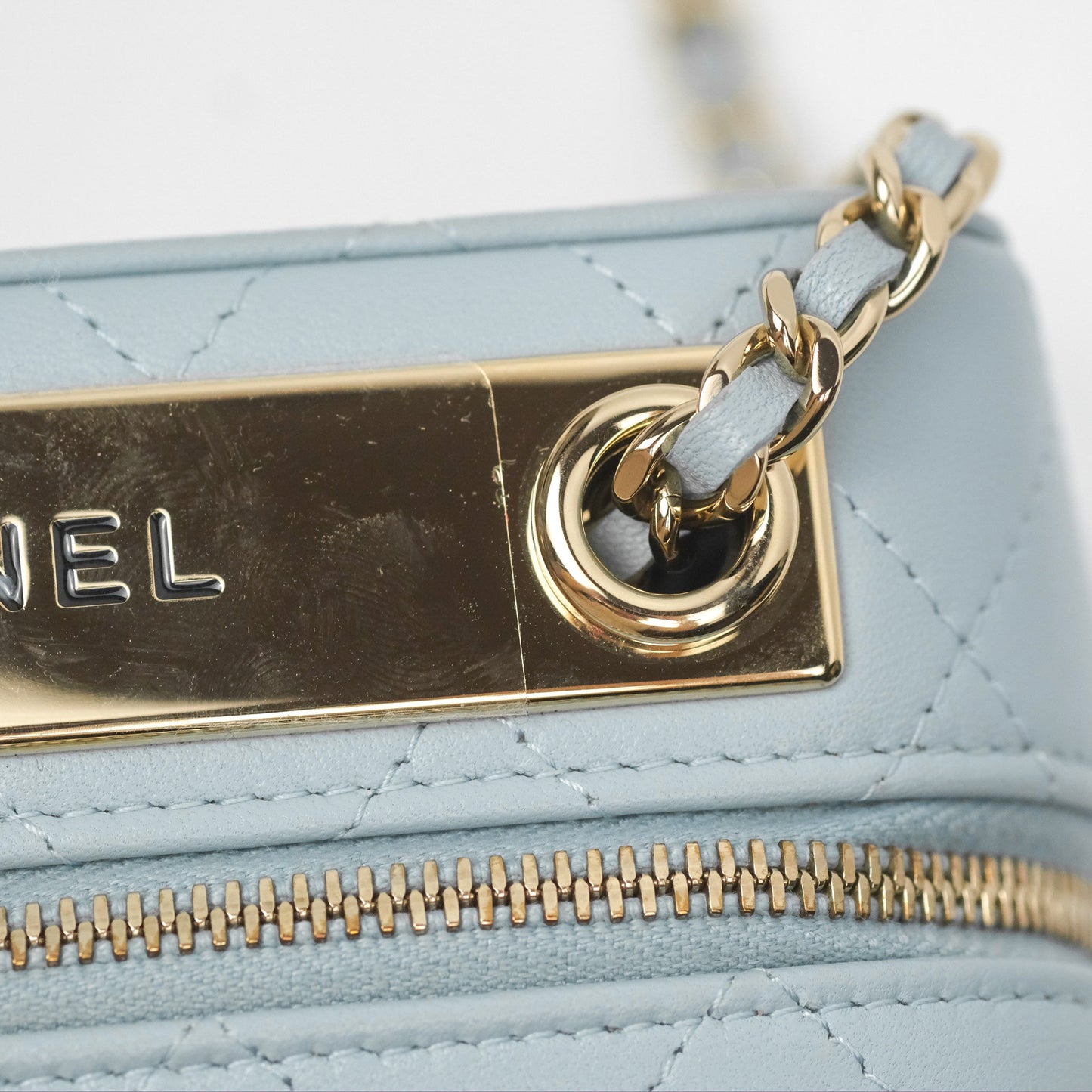 Chanel Mini Quilted Vanity Camera Case Light Blue Lambskin Gold Hardware