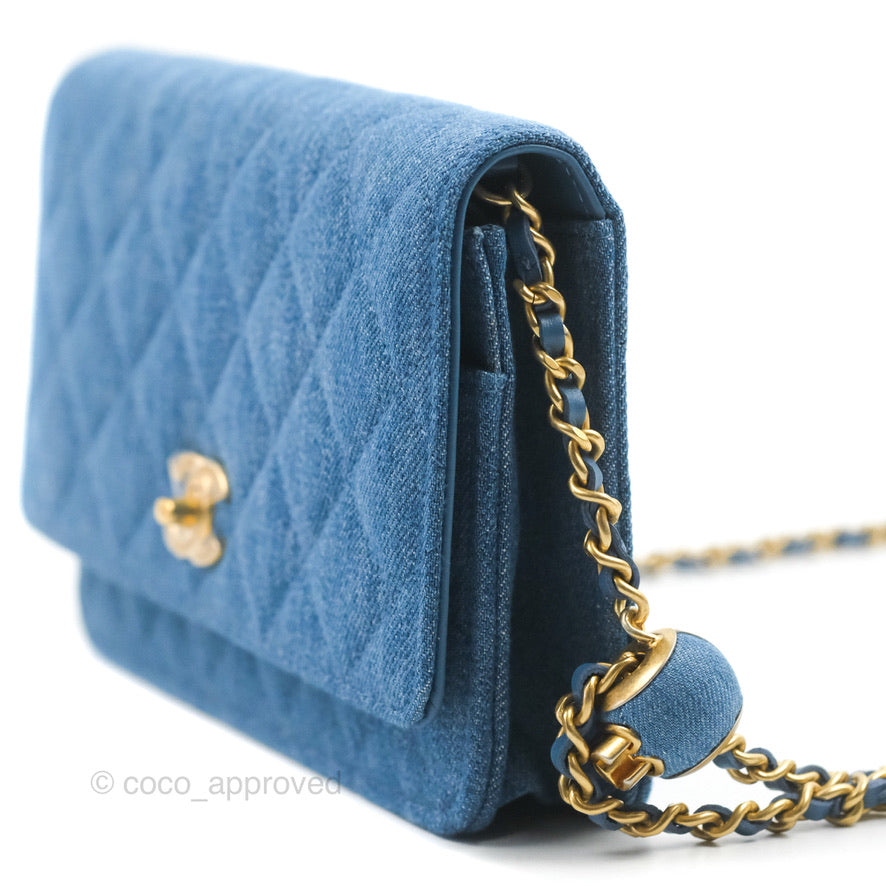 Chanel Quilted Pearl Crush Wallet on Chain WOC Denim Aged Gold Hardware