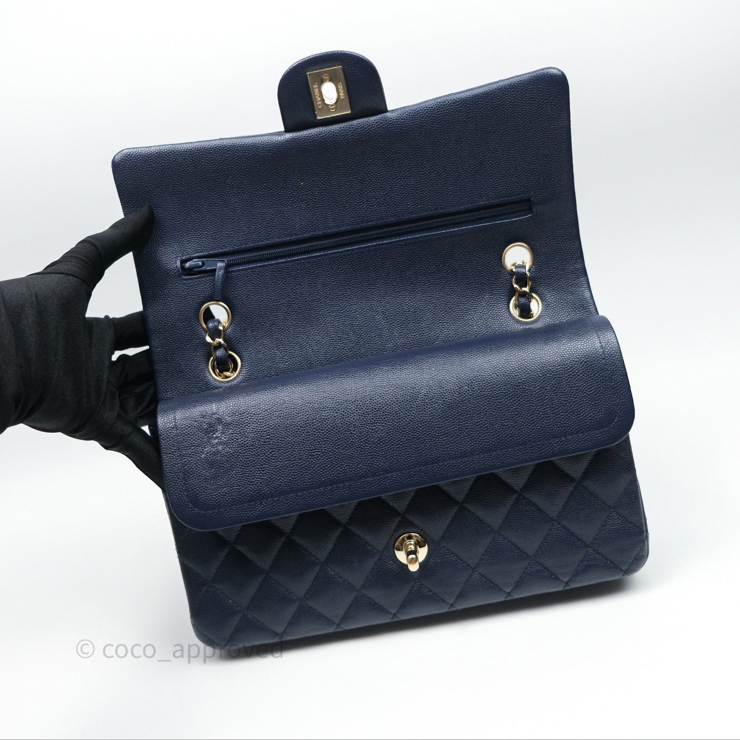 Chanel Classic M/L Medium Flap Quilted Navy Caviar Gold Hardware 21S