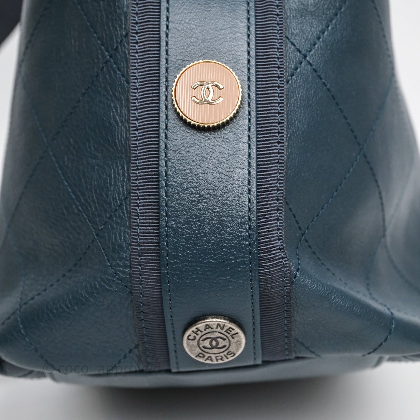 Chanel Button Up Hobo Bag Quilted Teal Calfskin Aged Gold Hardware