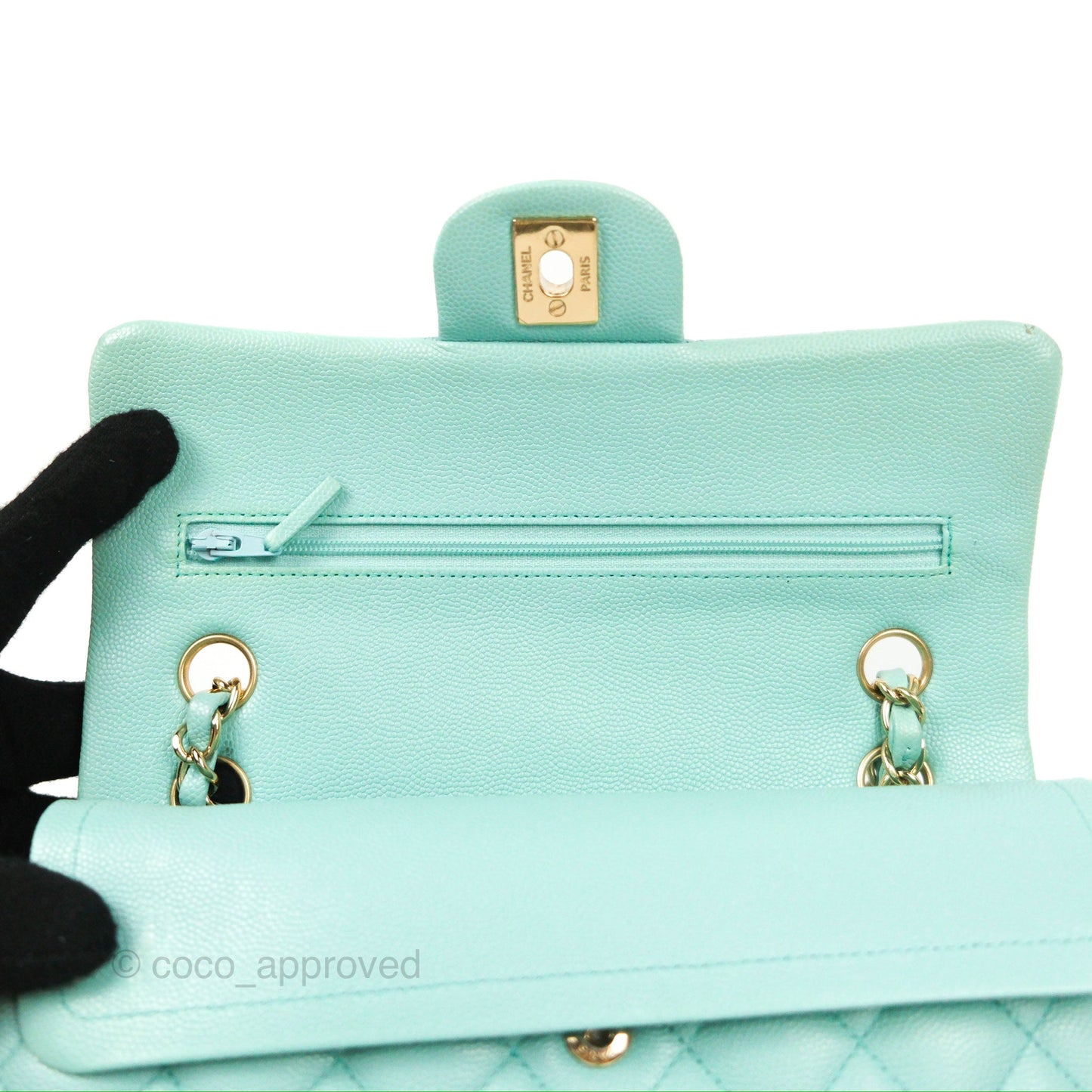 Chanel Small Classic Quilted Flap Tiffany Blue Caviar Gold Hardware 20C