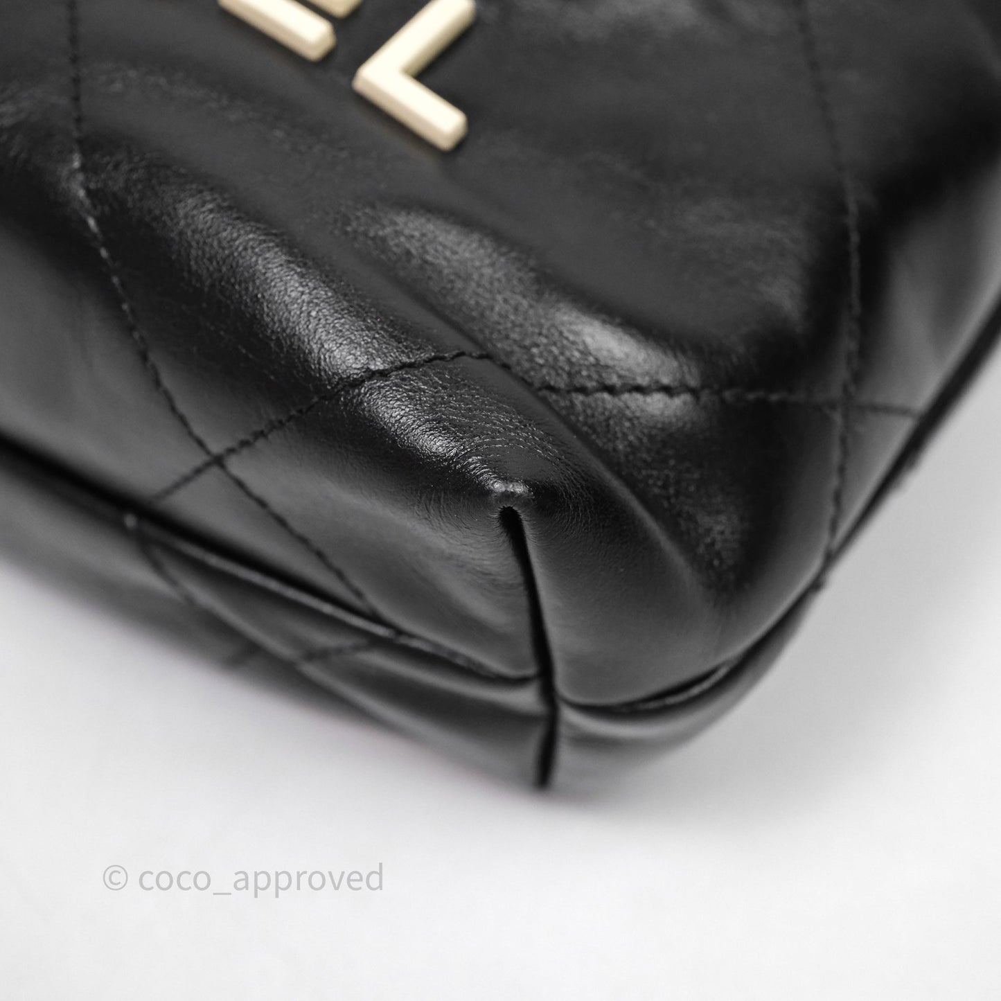 Chanel 22 Mini Bag Black Crumpled Calfskin White Lacquered Metal Logo