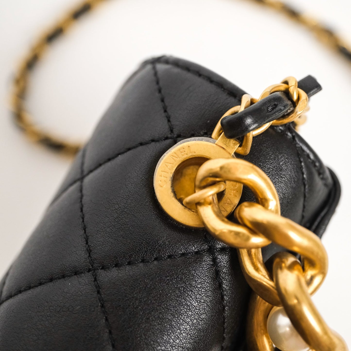 Chanel Pearl Chain Bag Black Calfskin Gold Hardware